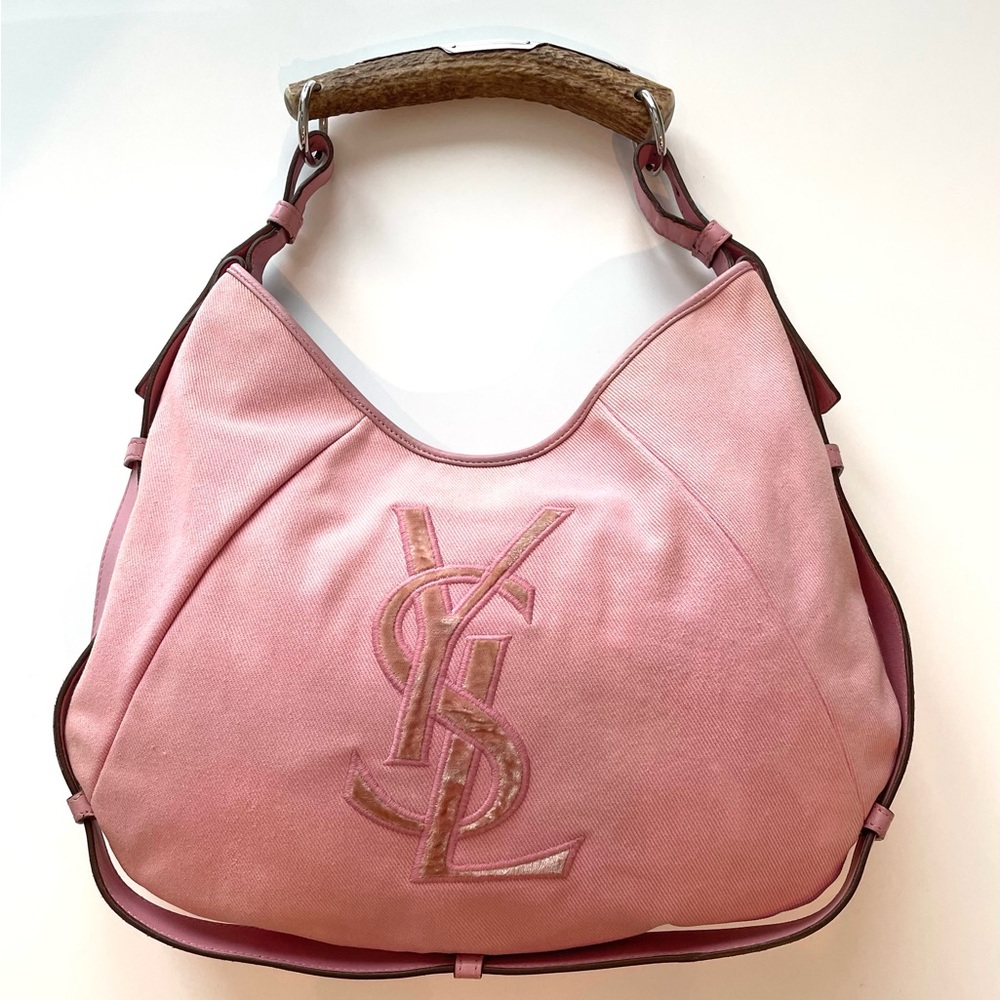SOLD Vintage Yves Saint Laurent Pink Canvas YSL Velvet Logo Mombasa Hobo Bag